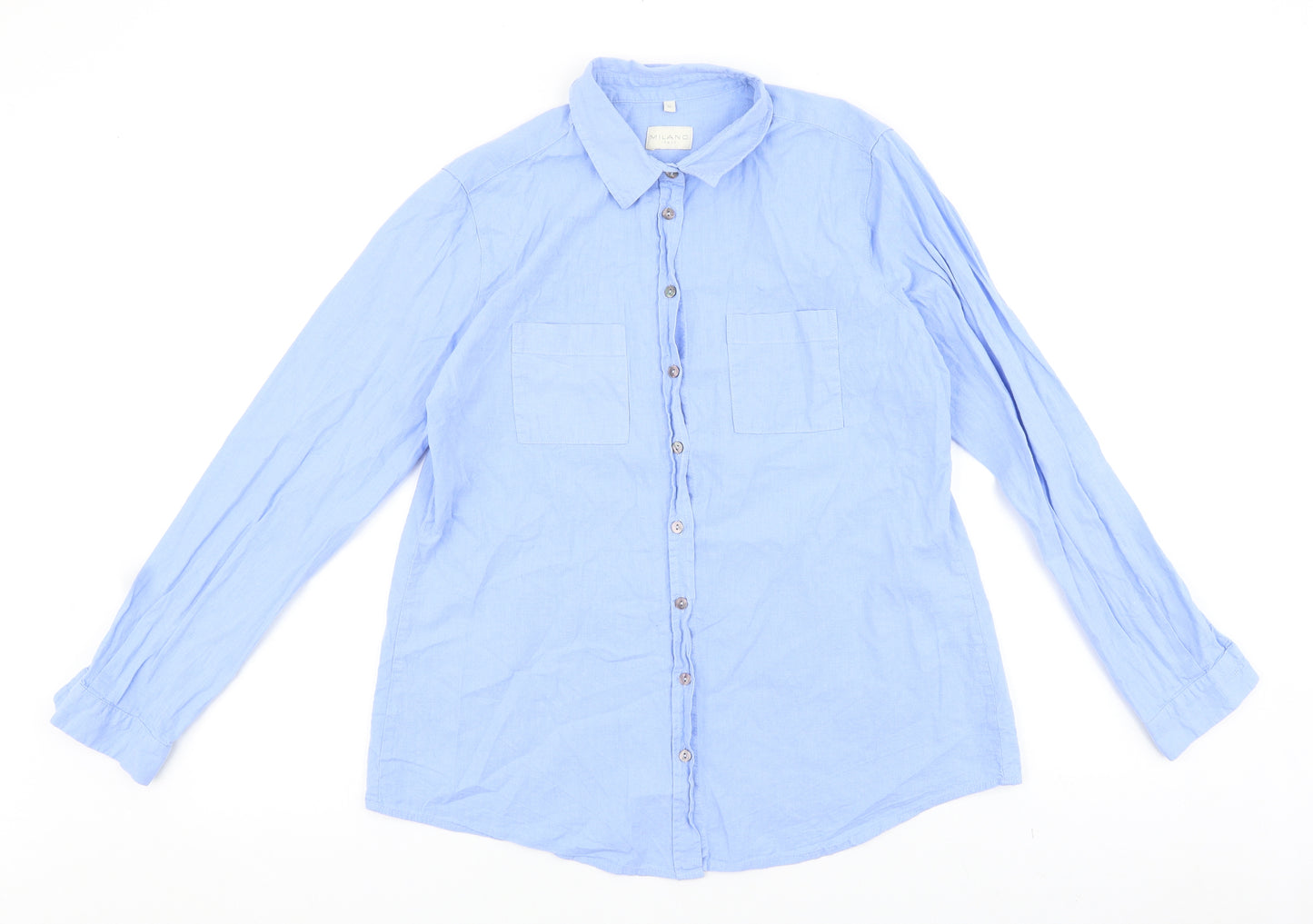 Milano Womens Blue 100% Cotton Basic Button-Up Size 10 V-Neck