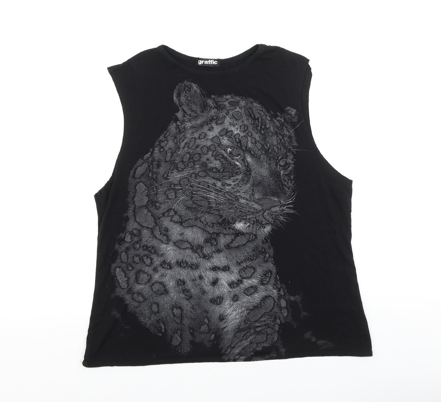 Graffic Womens Black Viscose Basic Tank Size S Round Neck - Tiger