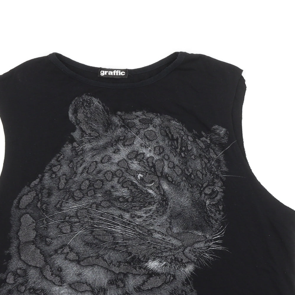 Graffic Womens Black Viscose Basic Tank Size S Round Neck - Tiger