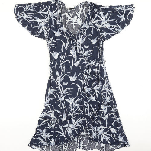 Oasis Womens Blue Geometric Viscose Fit & Flare Size 8 V-Neck Pullover - Bird Pattern