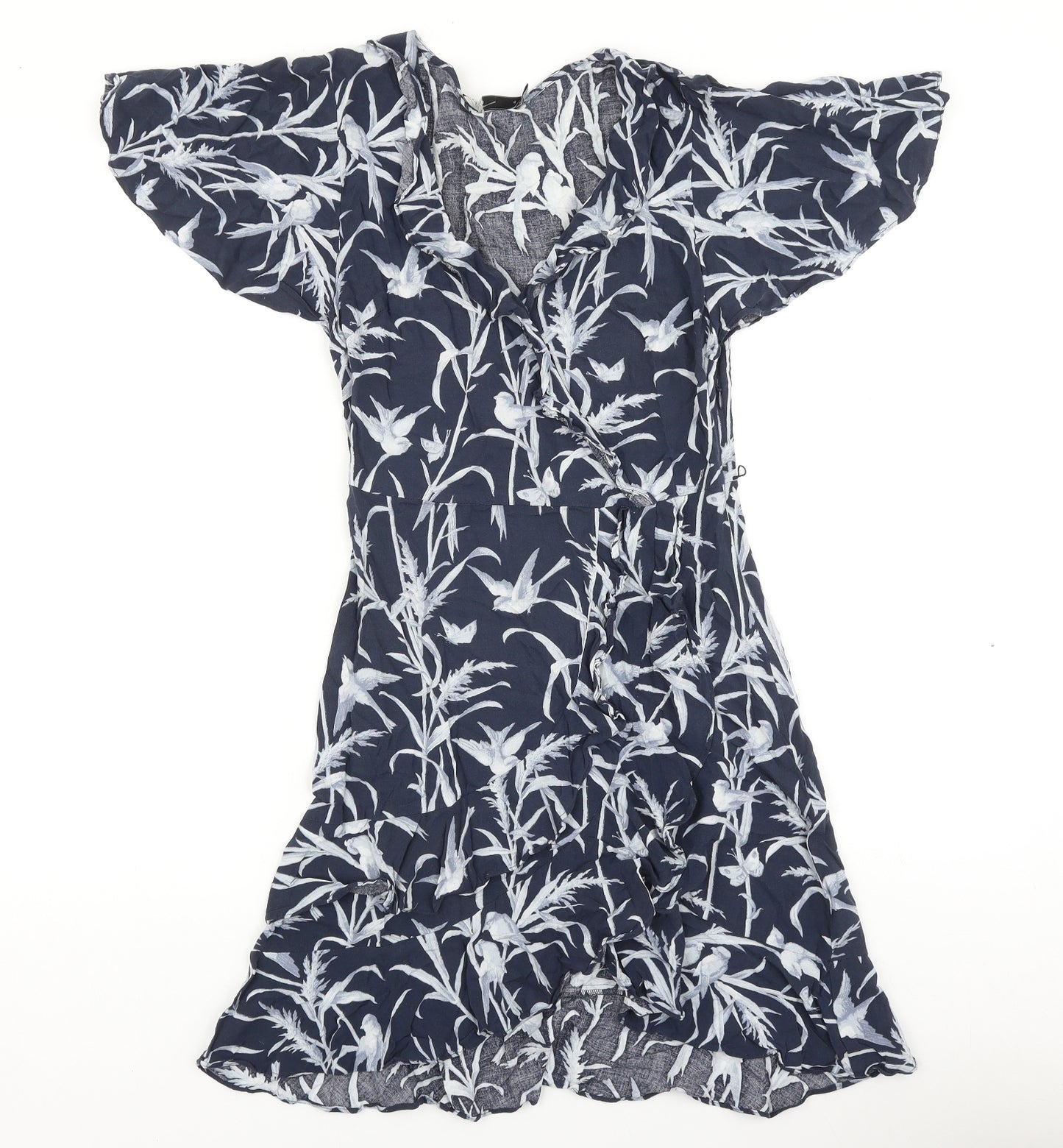 Oasis Womens Blue Geometric Viscose Fit & Flare Size 8 V-Neck Pullover - Bird Pattern