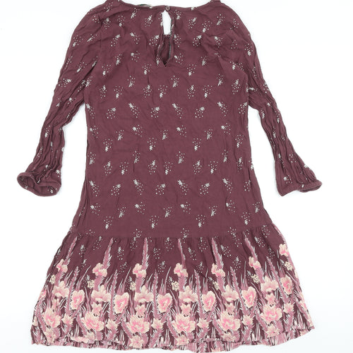 Marks and Spencer Womens Purple Floral Viscose Fit & Flare Size 10 Round Neck Button