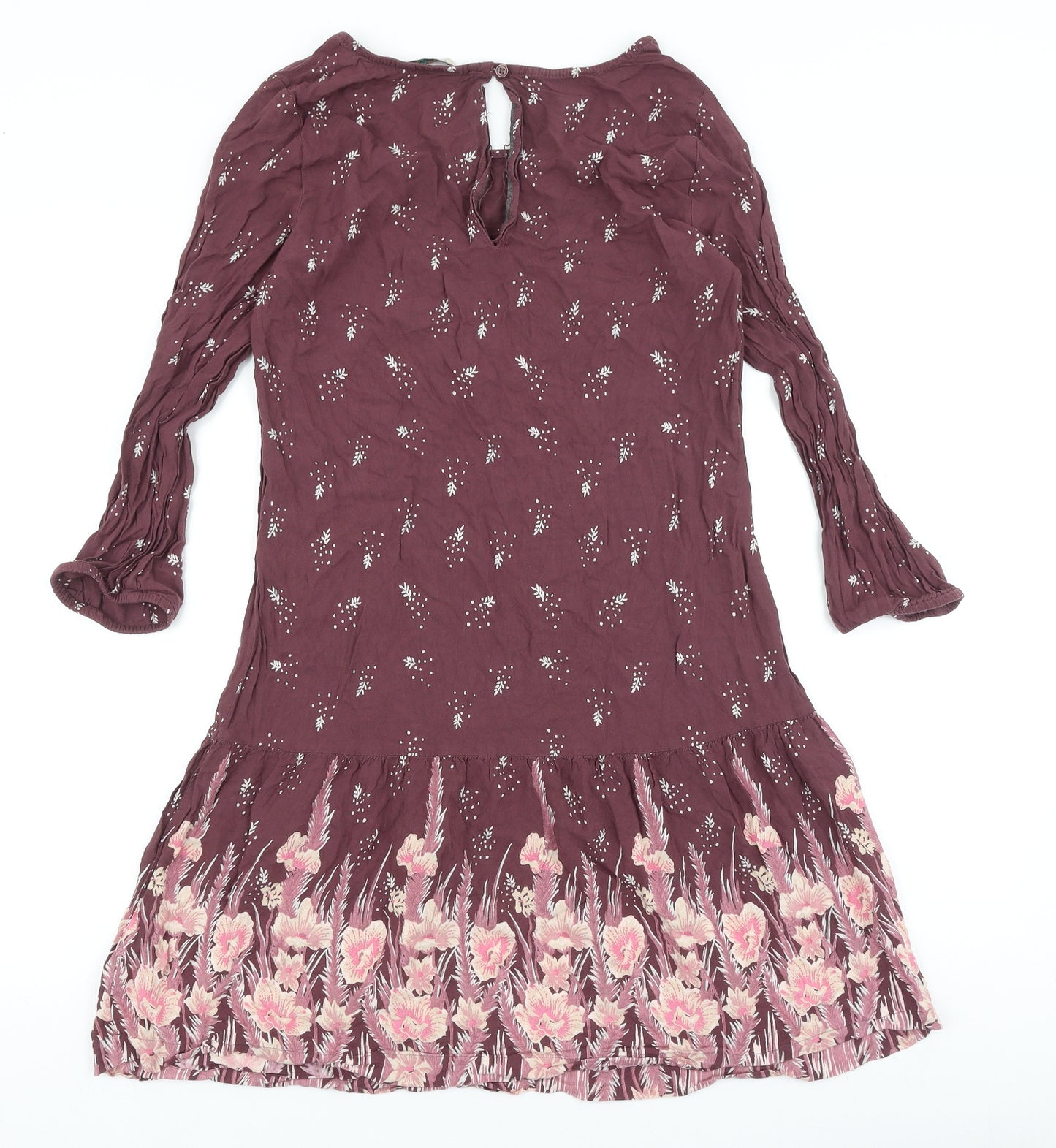 Marks and Spencer Womens Purple Floral Viscose Fit & Flare Size 10 Round Neck Button