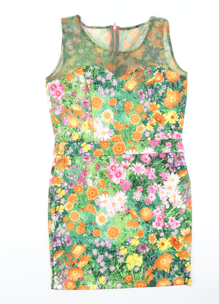 River Island Womens Multicoloured Floral Viscose A-Line Size 14 Round Neck Zip