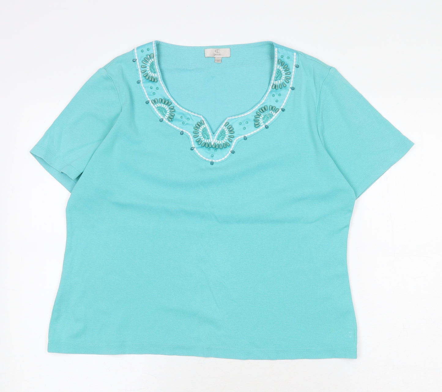 CC petite Womens Green 100% Cotton Basic T-Shirt Size M V-Neck