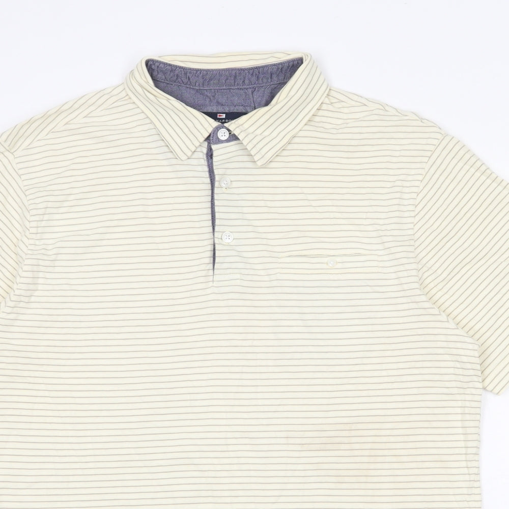 Marks and Spencer Mens Yellow Striped Cotton Polo Size L Collared Button