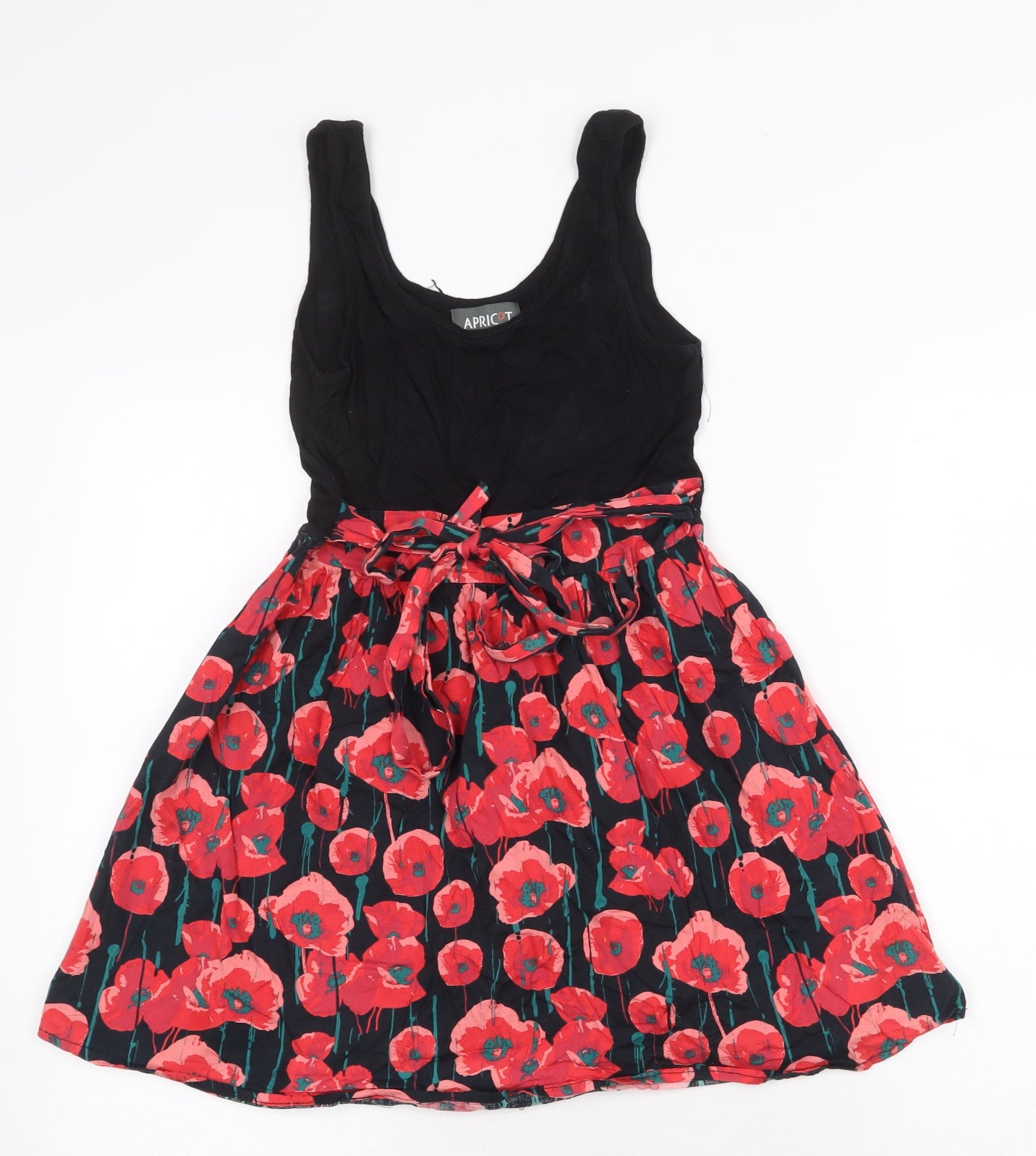 Apricot Womens Red Floral Viscose Skater Dress Size XS Round Neck Tie
