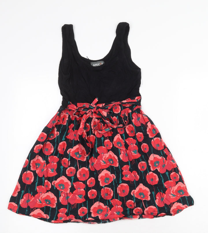 Apricot Womens Red Floral Viscose Skater Dress Size XS Round Neck Tie