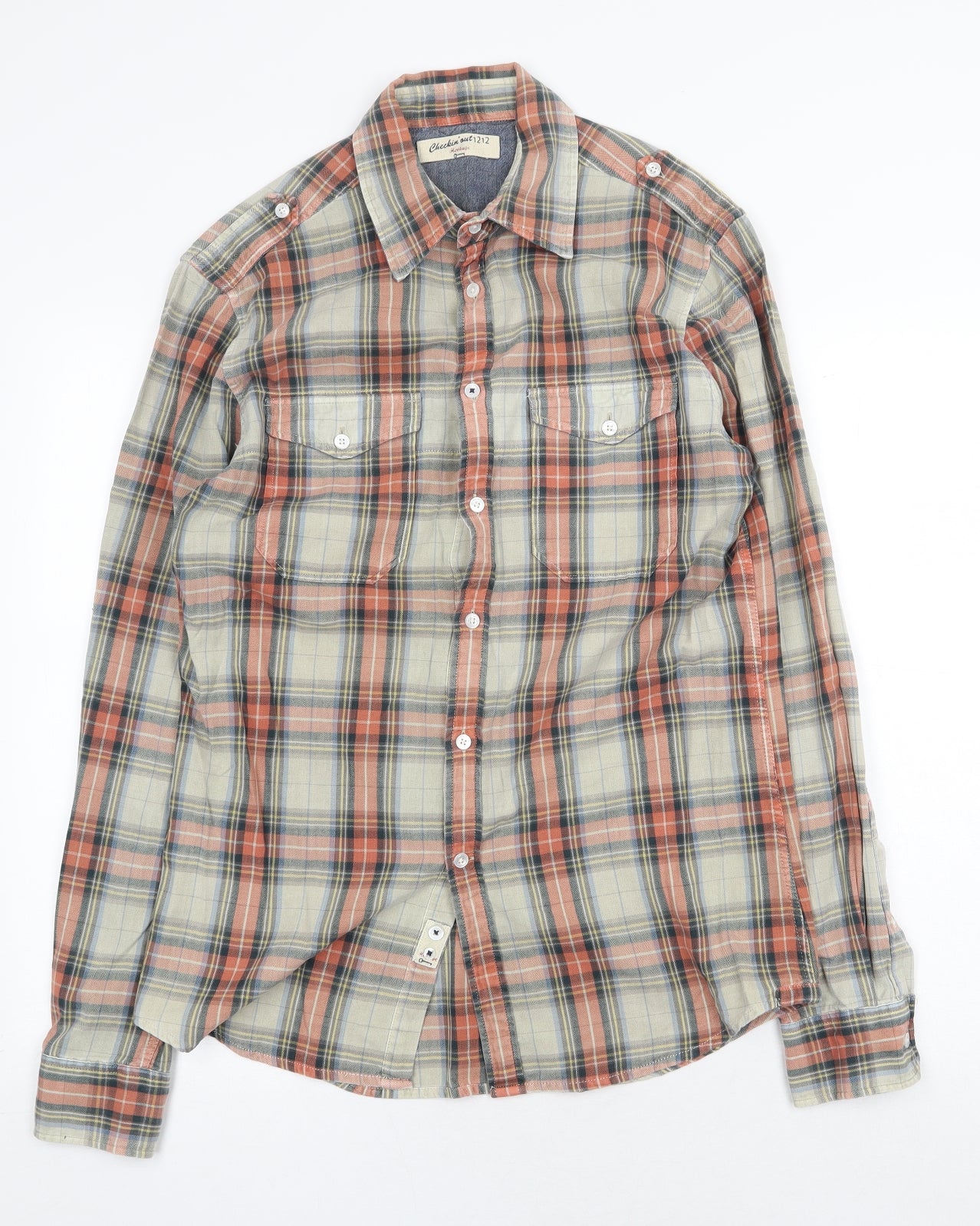 Checkin Out Mens Multicoloured Plaid Cotton Button-Up Size M Collared Button