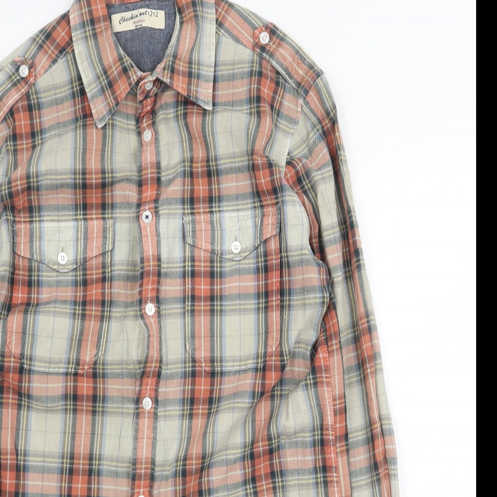 Checkin Out Mens Multicoloured Plaid Cotton Button-Up Size M Collared Button