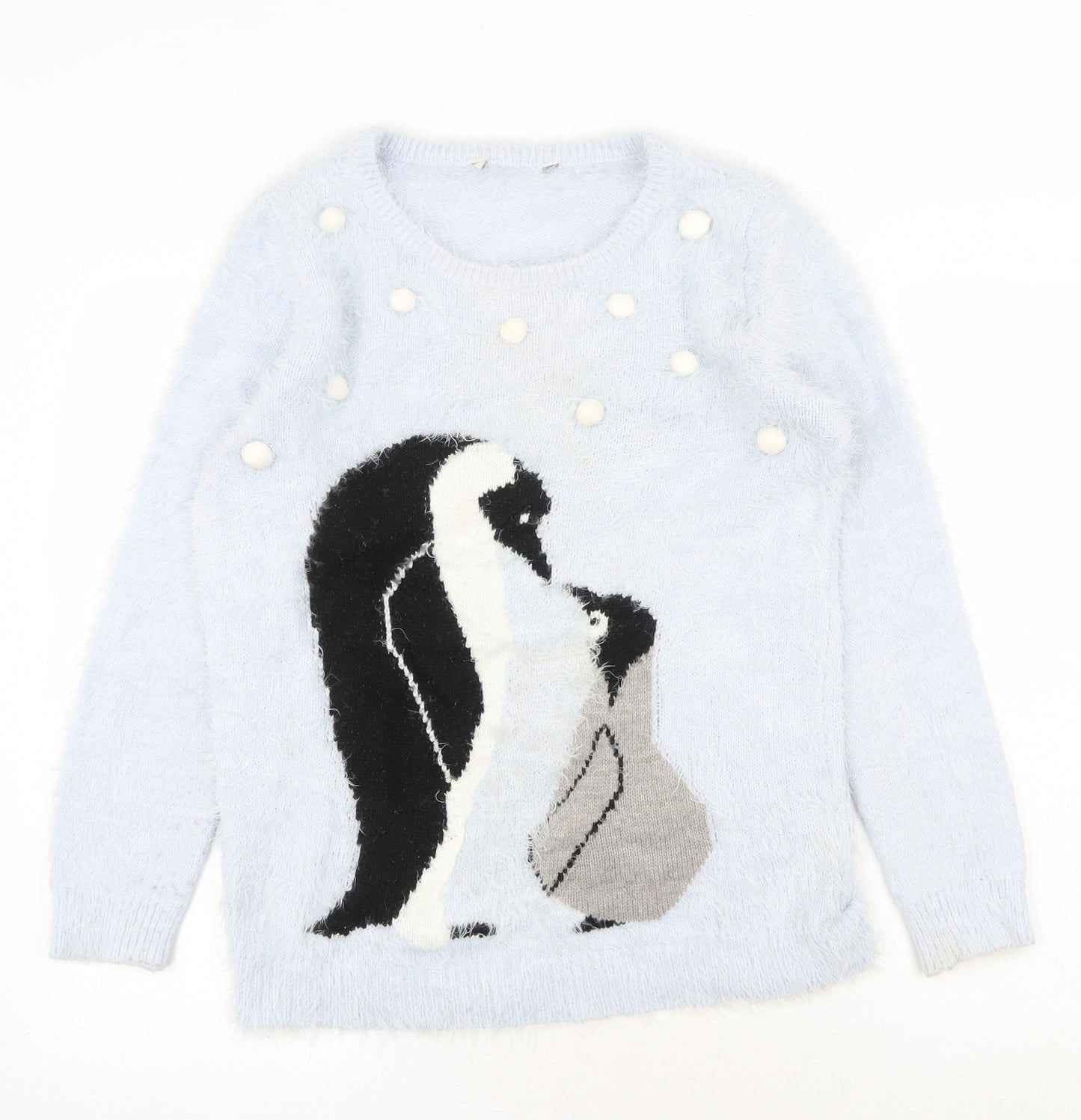 Peacocks Womens Blue Scoop Neck Nylon Pullover Jumper Size M - Penguin Christmas, Fluffy