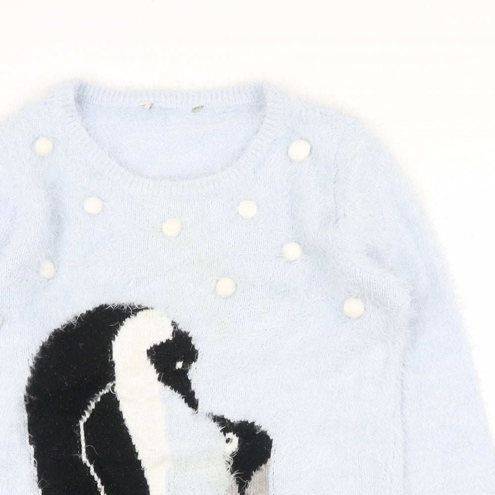 Peacocks Womens Blue Scoop Neck Nylon Pullover Jumper Size M - Penguin Christmas, Fluffy