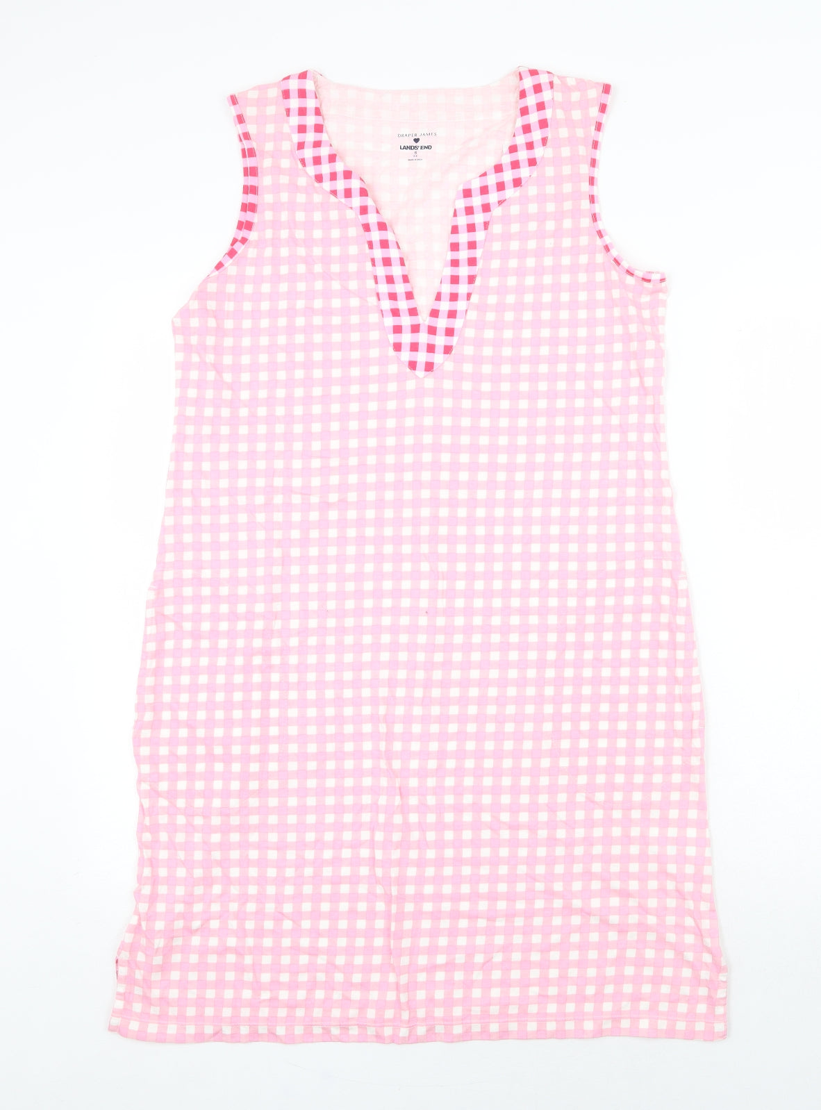 Lands' End Womens Pink Check 100% Cotton A-Line Size S V-Neck Pullover