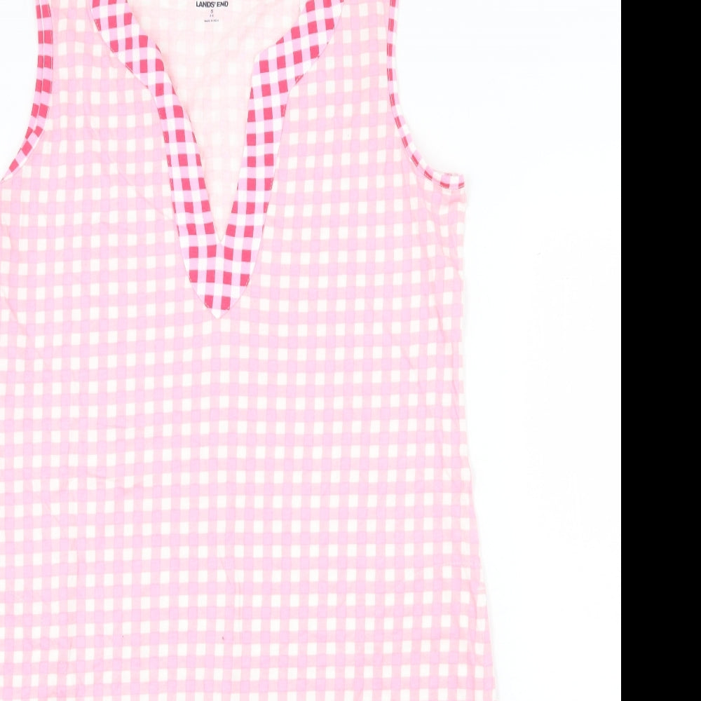 Lands' End Womens Pink Check 100% Cotton A-Line Size S V-Neck Pullover