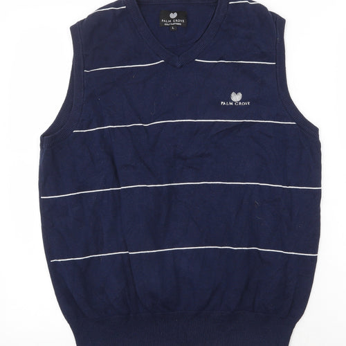 Palm Grove Mens Blue V-Neck Striped Cotton Vest Jumper Size L