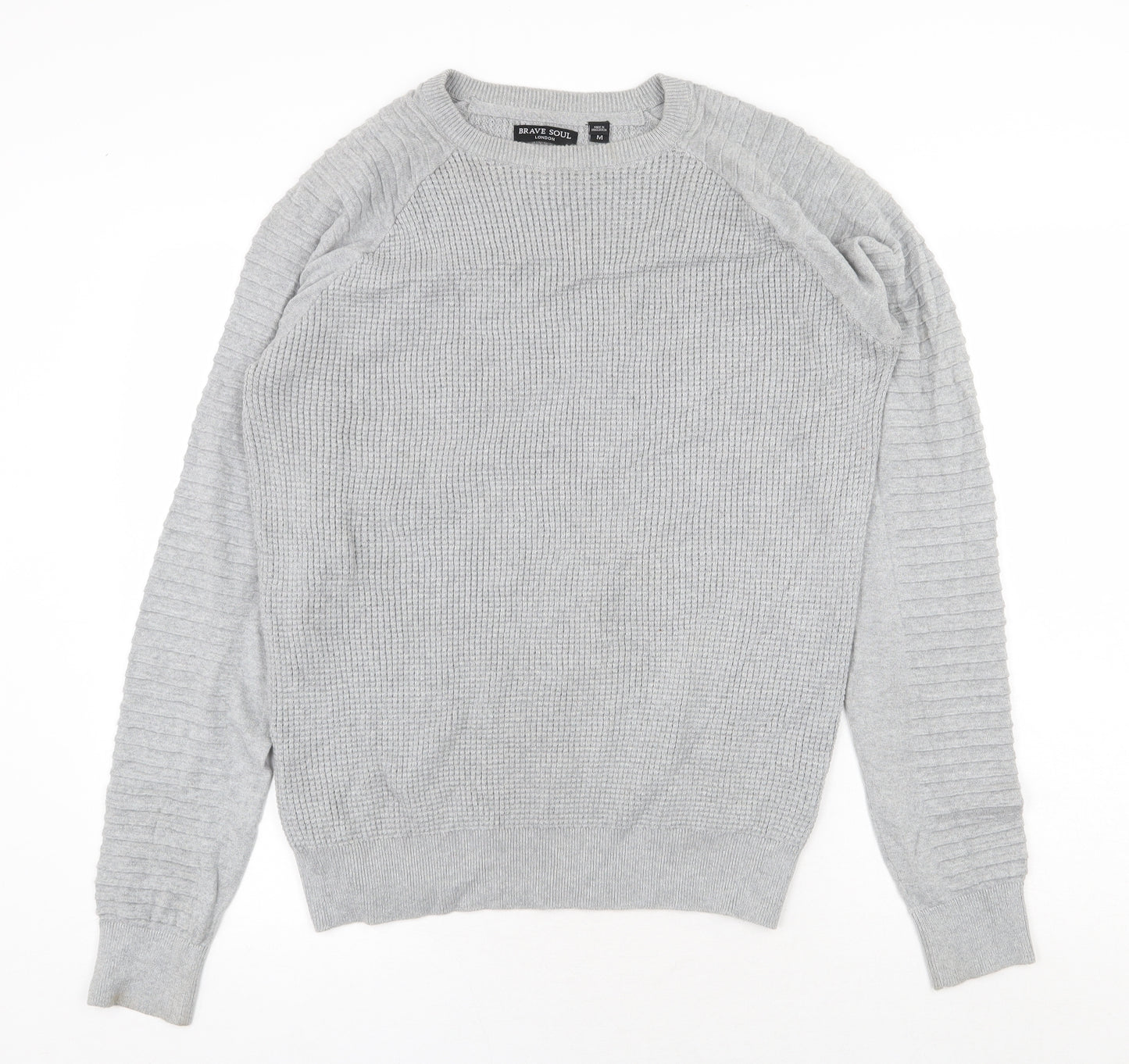 Brave Soul Mens Grey Round Neck Cotton Pullover Jumper Size M