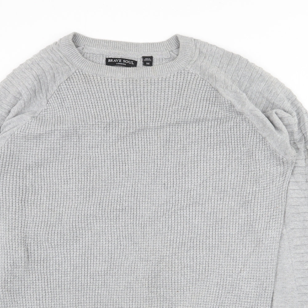 Brave Soul Mens Grey Round Neck Cotton Pullover Jumper Size M