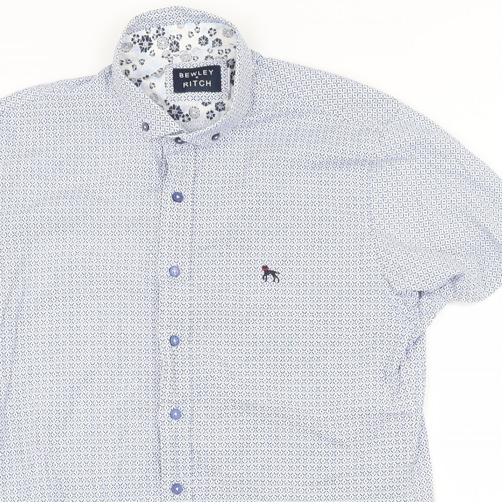 Bewley & Ritch Mens Blue Geometric Polyester Dress Shirt Size XL Round Neck Button