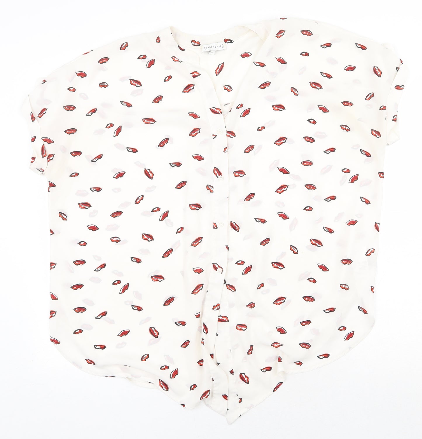 Warehouse Womens White Geometric Polyester Basic Blouse Size 16 V-Neck - Lips