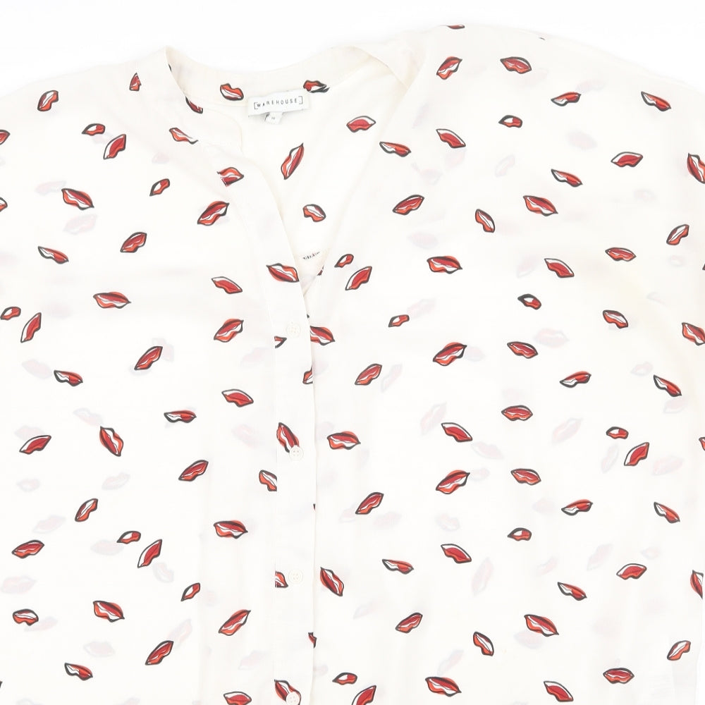 Warehouse Womens White Geometric Polyester Basic Blouse Size 16 V-Neck - Lips