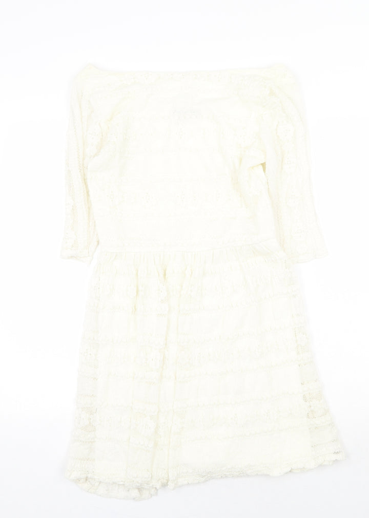Jane Norman Womens White Geometric Nylon Fit & Flare Size 16 Off the Shoulder Pullover