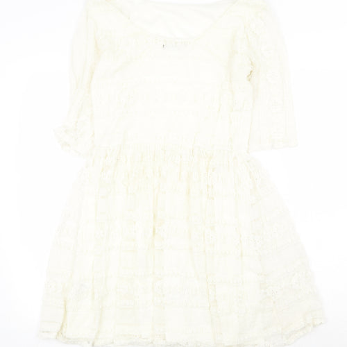 Jane Norman Womens White Geometric Nylon Fit & Flare Size 16 Off the Shoulder Pullover