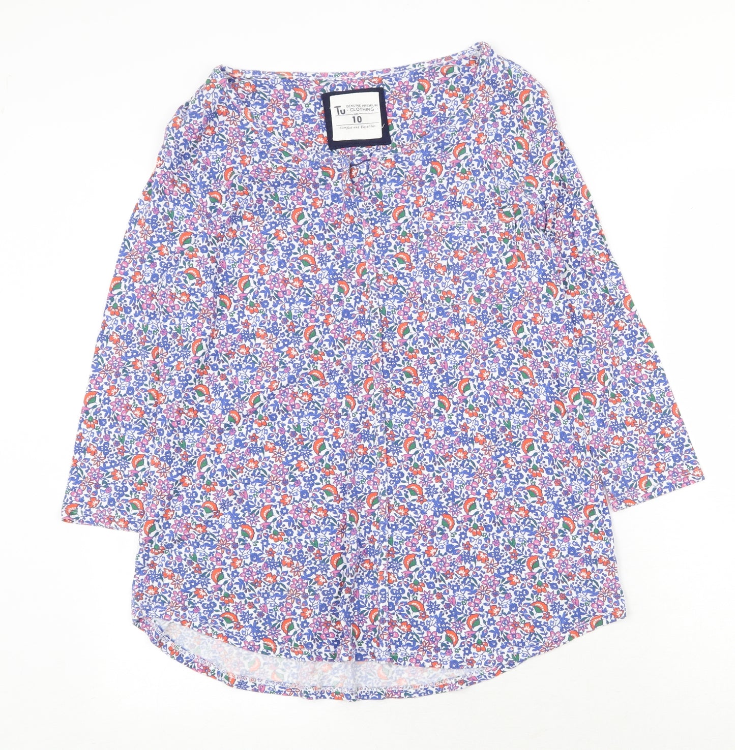 TU Womens Blue Floral Polyester Basic Blouse Size 10 V-Neck