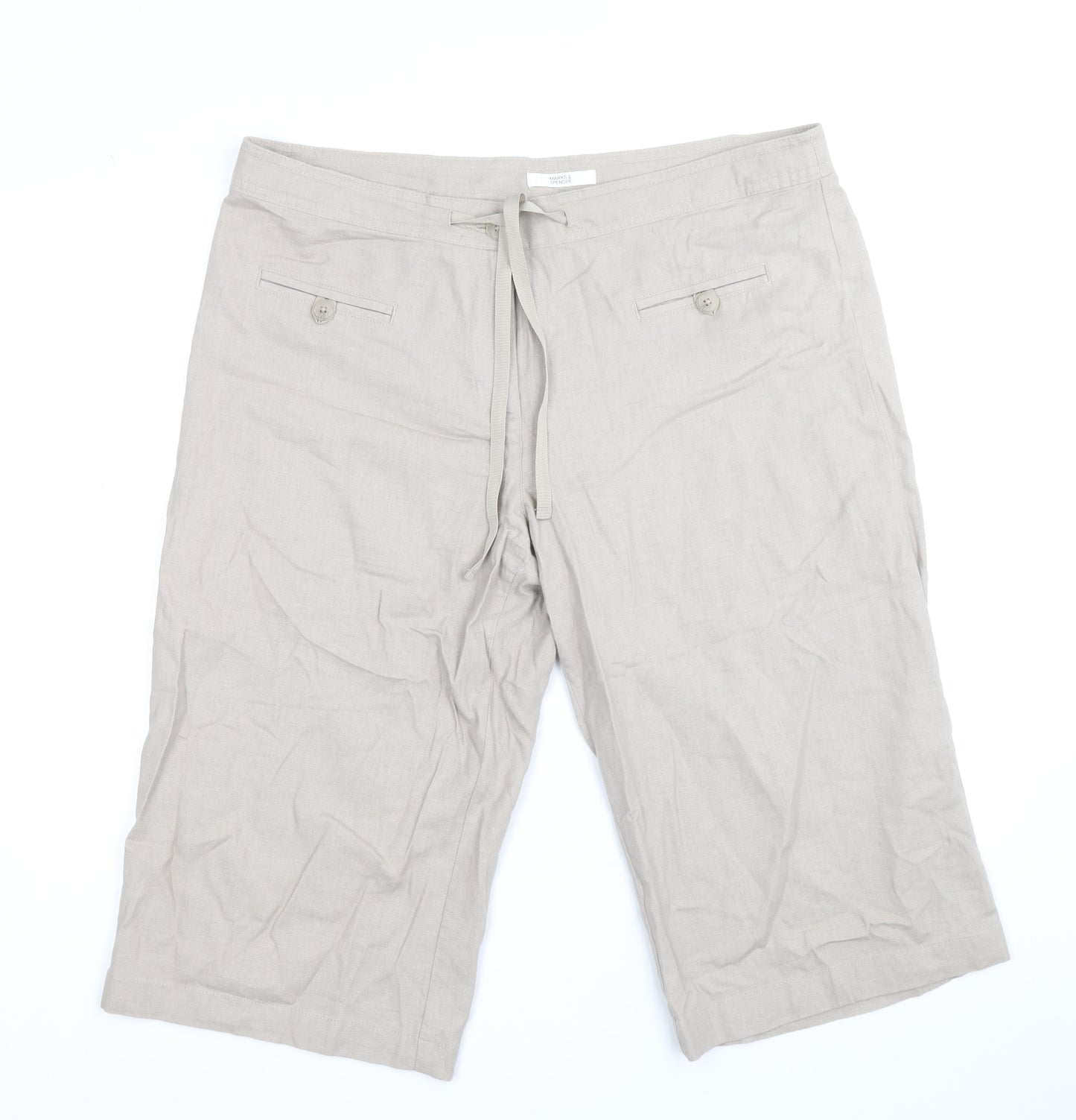 Marks and Spencer Womens Beige Linen Pedal Pusher Trousers Size 16 Regular Zip