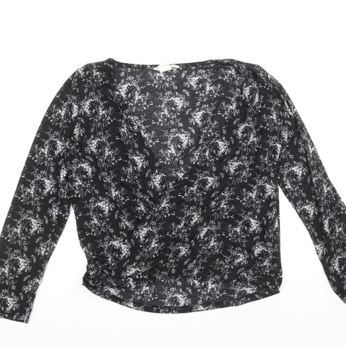 H&M Womens Black Floral Polyester Basic Blouse Size S V-Neck