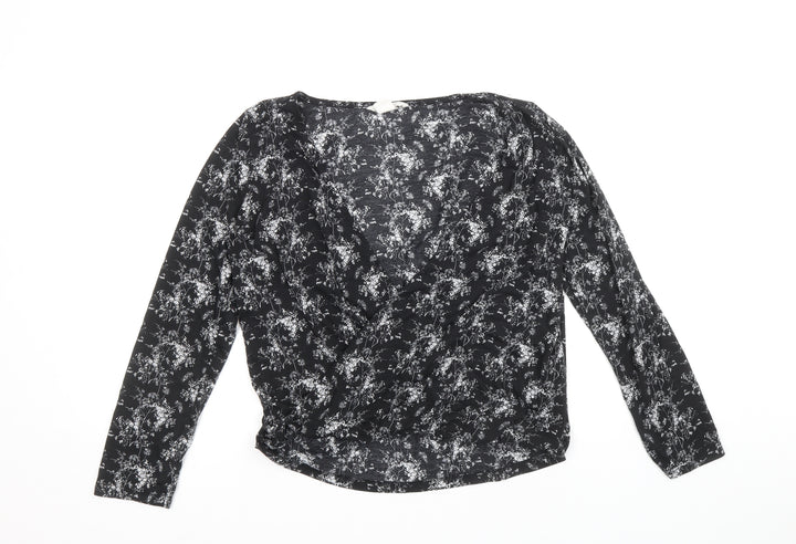 H&M Womens Black Floral Polyester Basic Blouse Size S V-Neck