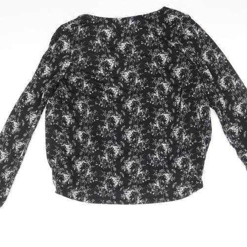 H&M Womens Black Floral Polyester Basic Blouse Size S V-Neck