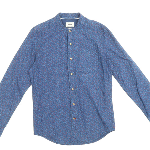 Max Mens Blue Floral Cotton Button-Up Size S Round Neck Button