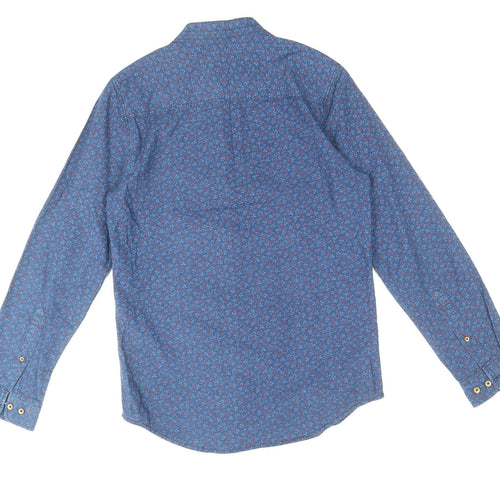 Max Mens Blue Floral Cotton Button-Up Size S Round Neck Button