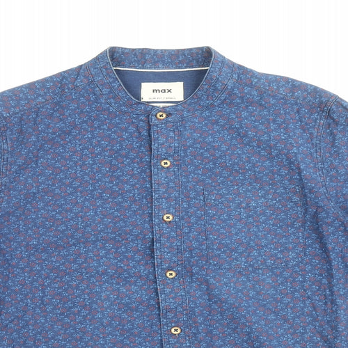 Max Mens Blue Floral Cotton Button-Up Size S Round Neck Button