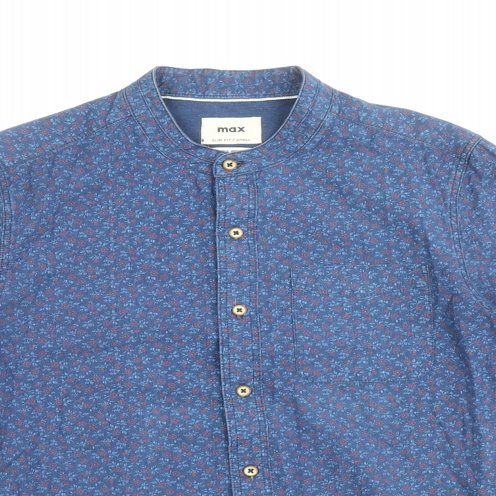 Max Mens Blue Floral Cotton Button-Up Size S Round Neck Button