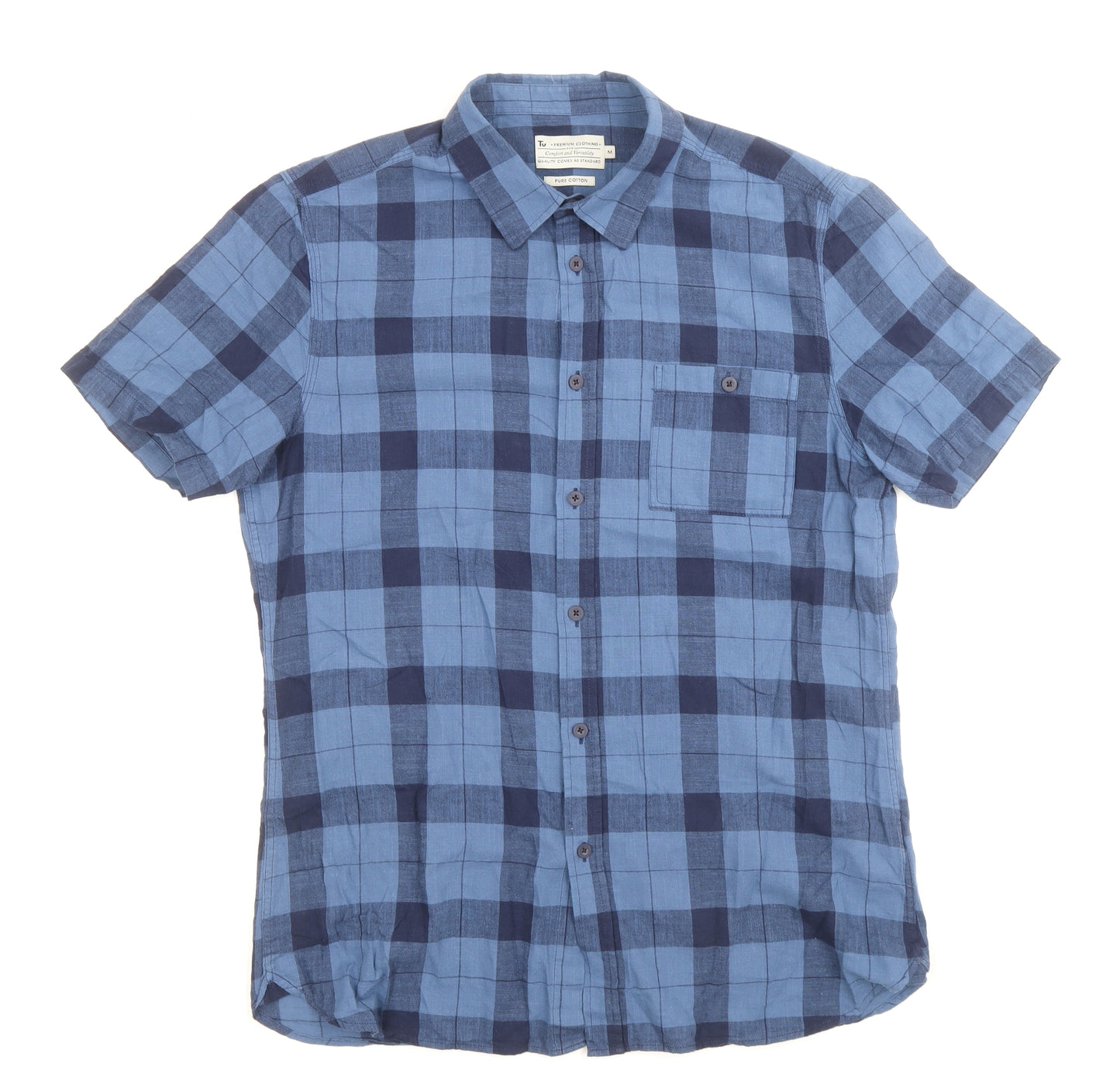 TU Mens Blue Plaid Cotton Button-Up Size M Collared Button
