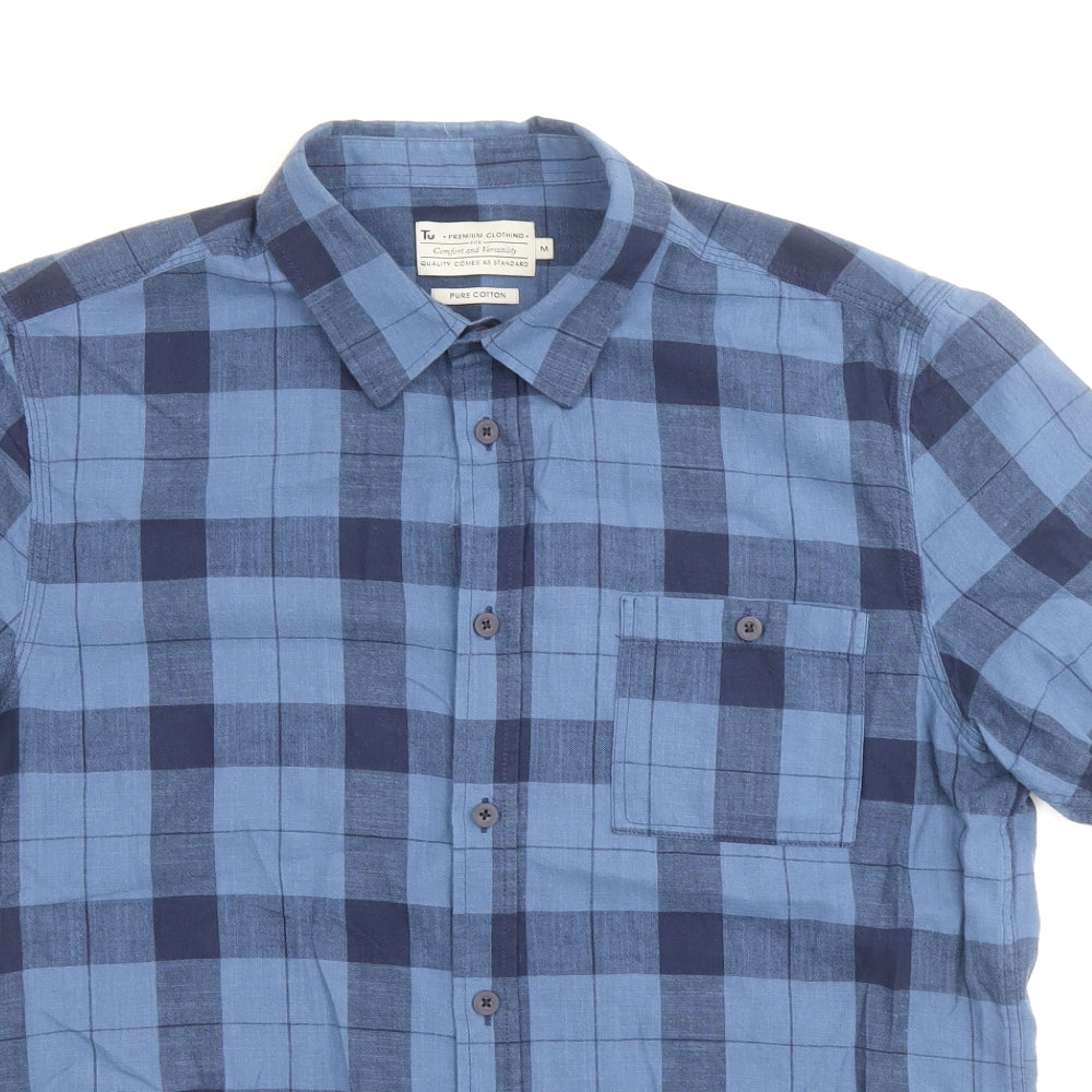 TU Mens Blue Plaid Cotton Button-Up Size M Collared Button