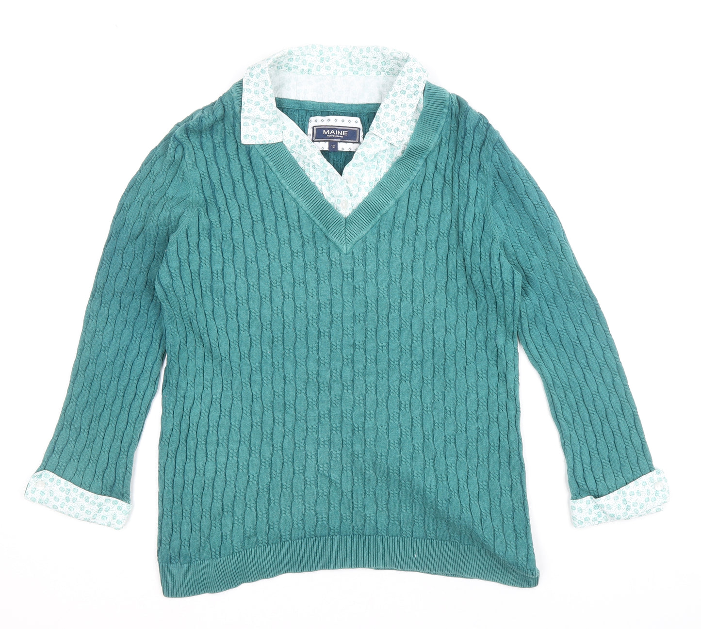 Maine Womens Green Collared 100% Cotton Pullover Jumper Size 12 - Undershirt Details