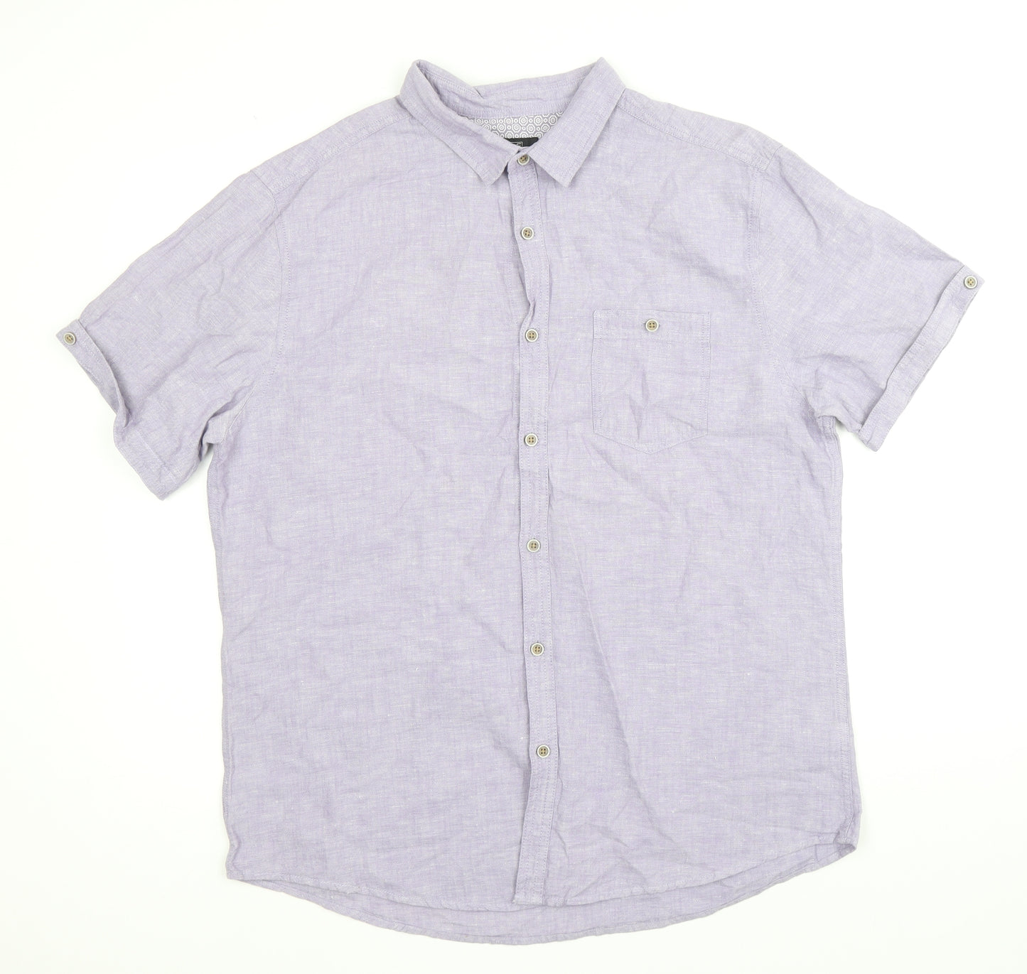 F&F Mens Purple Linen Button-Up Size L Collared Button
