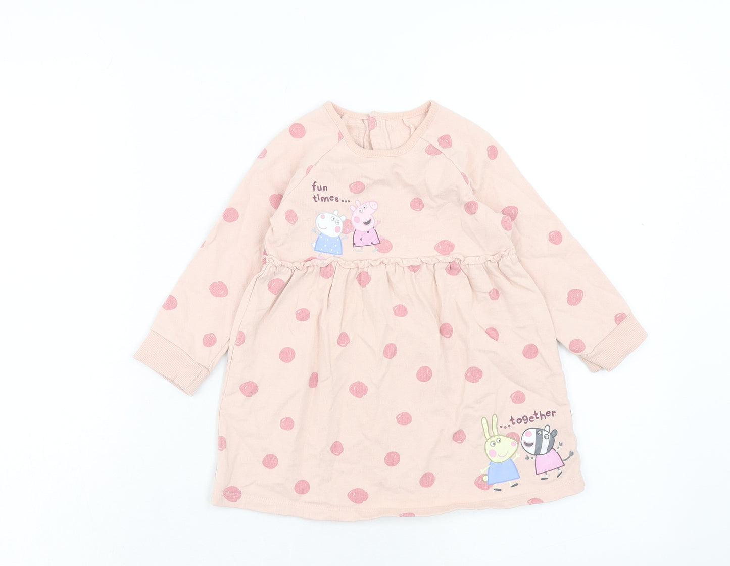 George Girls Pink Polka Dot Cotton Skater Dress Size 12-18 Months Roll Neck Button - Peppa Pig