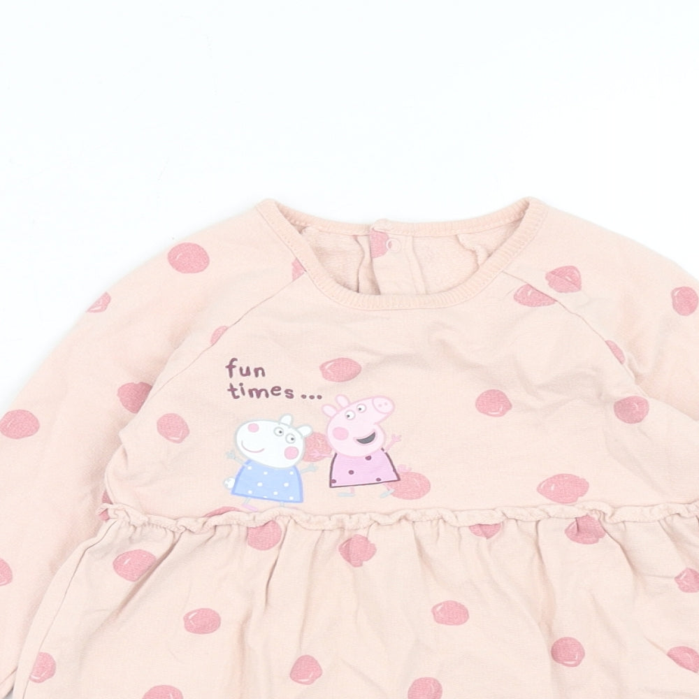 George Girls Pink Polka Dot Cotton Skater Dress Size 12-18 Months Roll Neck Button - Peppa Pig