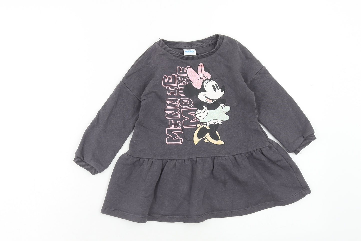 F&F Girls Grey Cotton Jumper Dress Size 18-24 Months Round Neck Pullover - Minnie Mouse