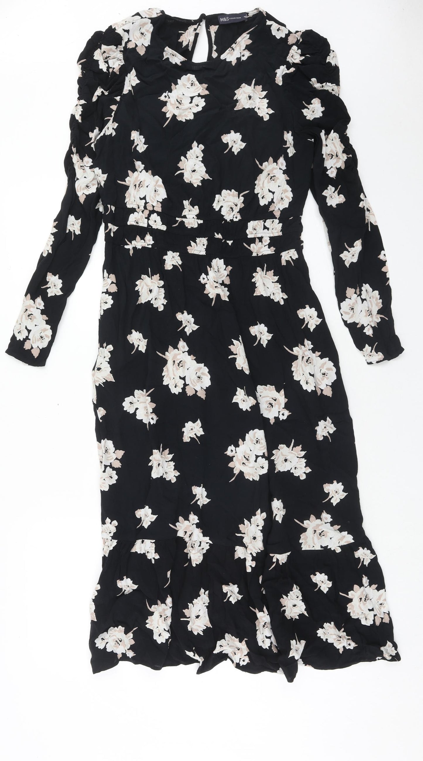Marks and Spencer Womens Black Floral Viscose Fit & Flare Size 12 Round Neck Button