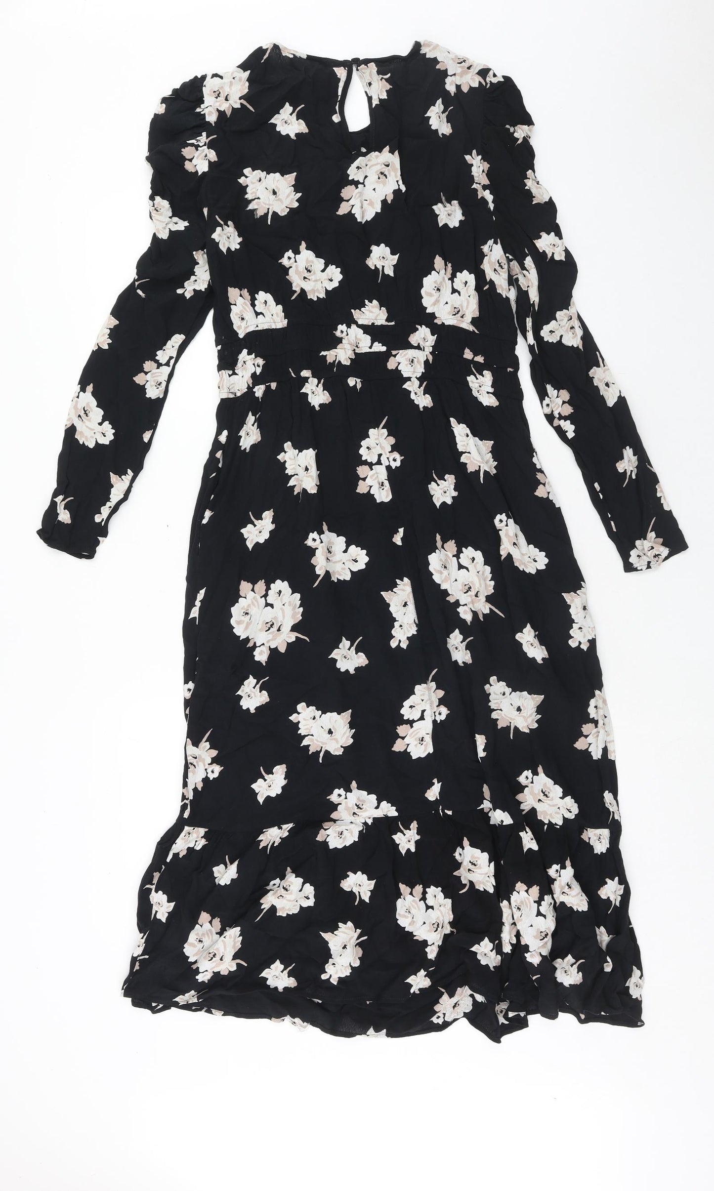 Marks and Spencer Womens Black Floral Viscose Fit & Flare Size 12 Round Neck Button