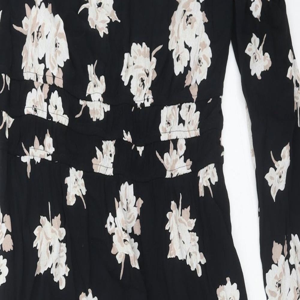 Marks and Spencer Womens Black Floral Viscose Fit & Flare Size 12 Round Neck Button