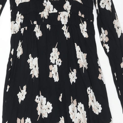 Marks and Spencer Womens Black Floral Viscose Fit & Flare Size 12 Round Neck Button
