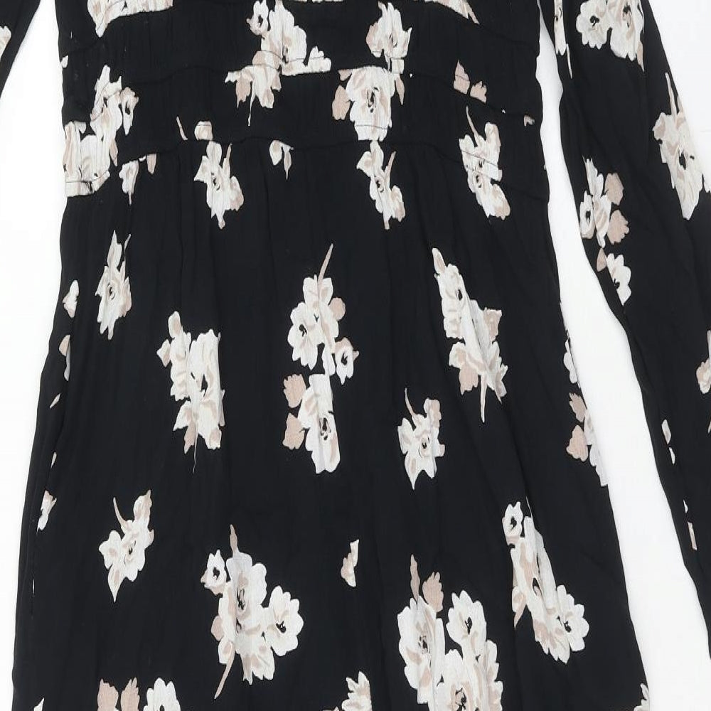 Marks and Spencer Womens Black Floral Viscose Fit & Flare Size 12 Round Neck Button