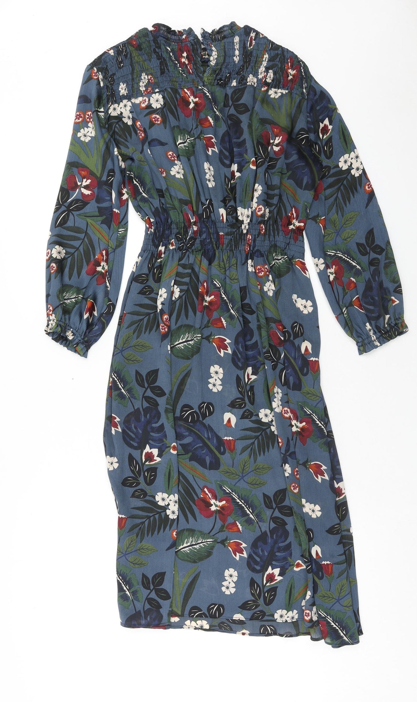 Zara Womens Blue Geometric Viscose Fit & Flare Size M Mock Neck Button