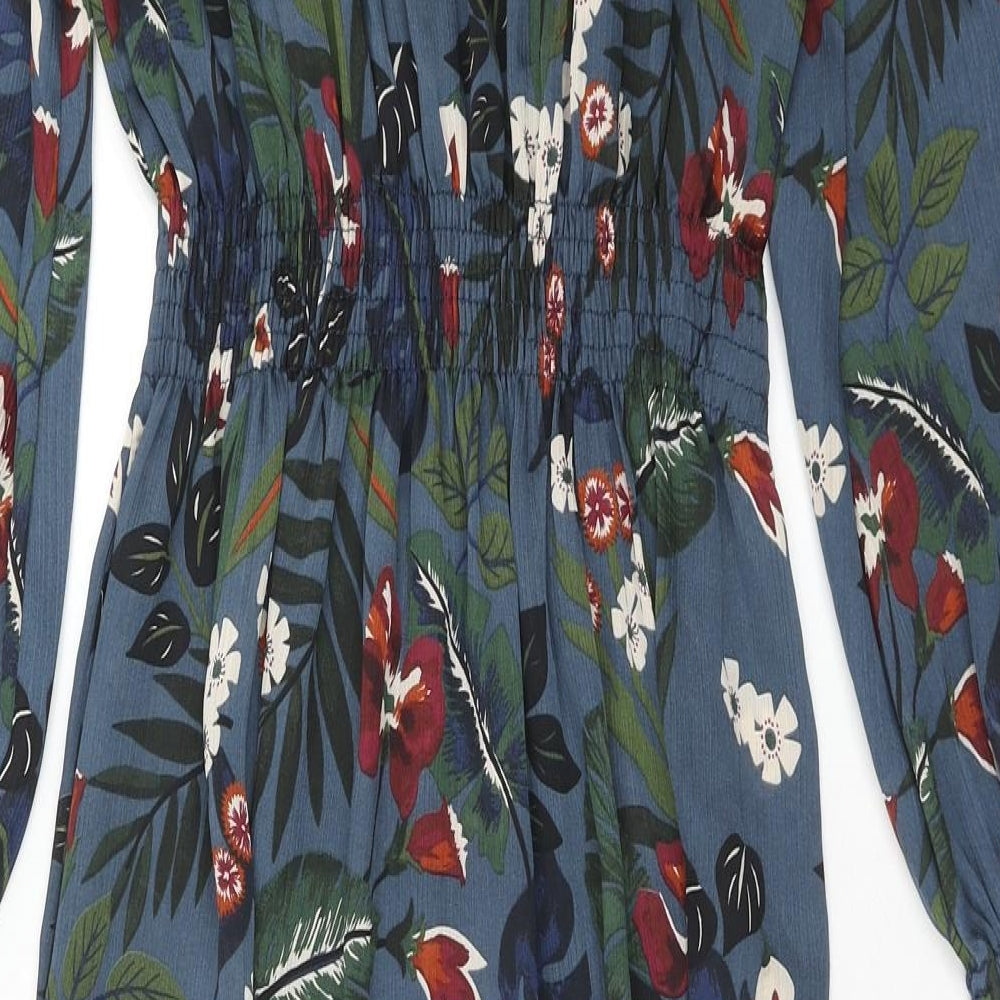 Zara Womens Blue Geometric Viscose Fit & Flare Size M Mock Neck Button