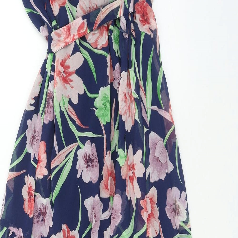 Joe Browns Womens Blue Floral Polyester Fit & Flare Size 10 V-Neck Tie